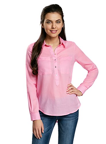 oodji Ultra Mujer Camisa Ancha de Algodón, Rosa, ES 34 / XXS
