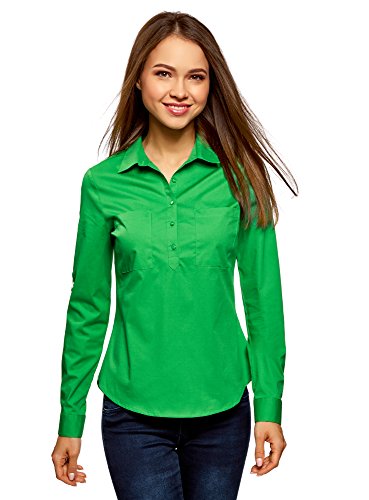 oodji Ultra Mujer Camisa Básica con Bolsillos en el Pecho, Verde, ES 34 / XXS