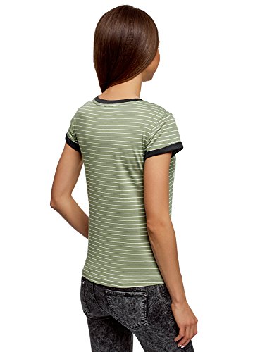 oodji Ultra Mujer Camiseta a Rayas con Estampado en el Pecho, Verde, ES 40 / M