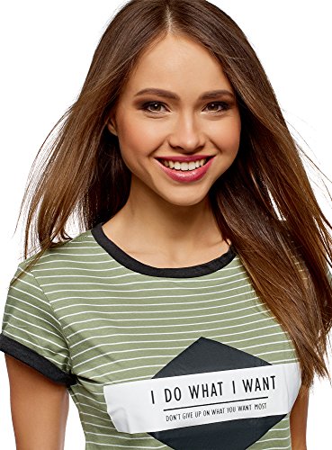 oodji Ultra Mujer Camiseta a Rayas con Estampado en el Pecho, Verde, ES 40 / M