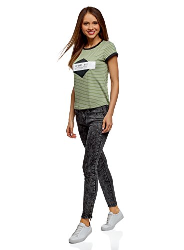 oodji Ultra Mujer Camiseta a Rayas con Estampado en el Pecho, Verde, ES 40 / M