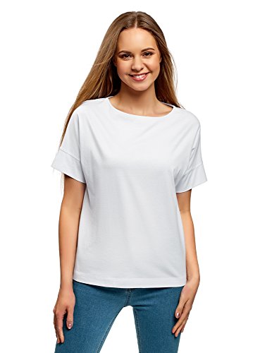 oodji Ultra Mujer Camiseta Básica de Algodón, Blanco, ES 42 / L