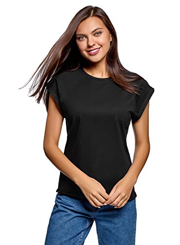 oodji Ultra Mujer Camiseta Básica de Algodón con Borde No Elaborado, Negro, ES 34 / XXS