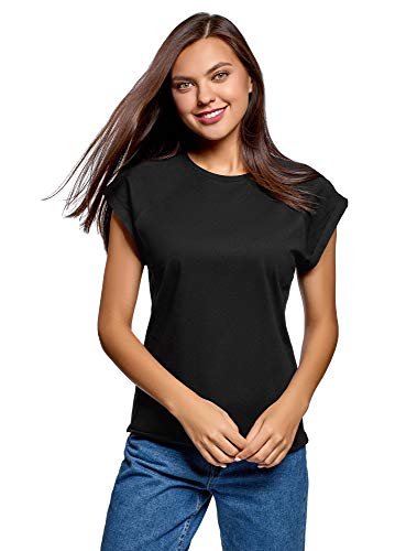 oodji Ultra Mujer Camiseta Básica de Algodón con Borde No Elaborado, Negro, ES 36 / XS