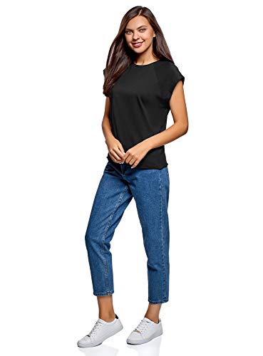 oodji Ultra Mujer Camiseta Básica de Algodón con Borde No Elaborado, Negro, ES 36 / XS