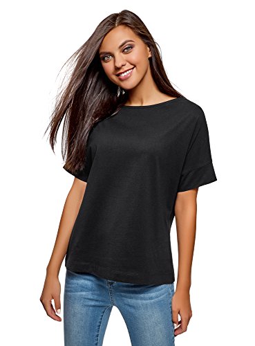 oodji Ultra Mujer Camiseta Básica de Algodón, Negro, ES 38 / S