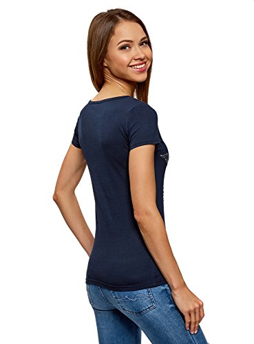 oodji Ultra Mujer Camiseta con Estampado Estrella de Pedrería, Azul, ES 34 / XXS