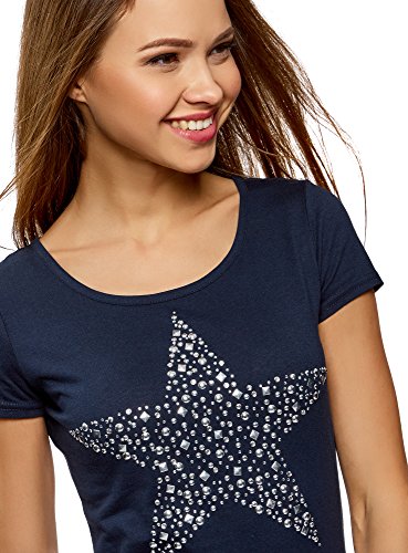 oodji Ultra Mujer Camiseta con Estampado Estrella de Pedrería, Azul, ES 34 / XXS