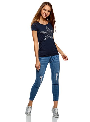oodji Ultra Mujer Camiseta con Estampado Estrella de Pedrería, Azul, ES 34 / XXS