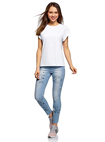 oodji Ultra Mujer Camiseta de Algodón Básica, Blanco, ES 40 / M