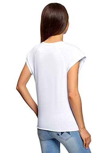 oodji Ultra Mujer Camiseta de Algodón Básica, Blanco, ES 42 / L
