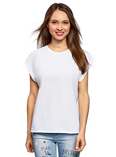 oodji Ultra Mujer Camiseta de Algodón Básica, Blanco, ES 42 / L