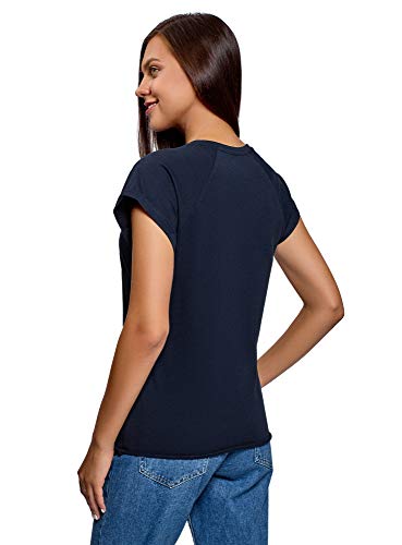 oodji Ultra Mujer Camiseta de Algodón Básica con Borde No Elaborado, Azul, ES 40 / M