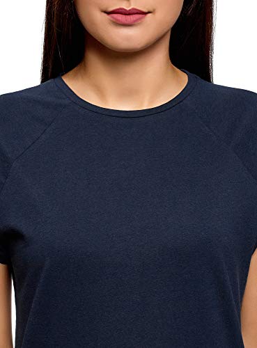 oodji Ultra Mujer Camiseta de Algodón Básica con Borde No Elaborado, Azul, ES 40 / M