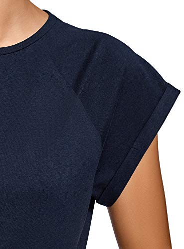 oodji Ultra Mujer Camiseta de Algodón Básica con Borde No Elaborado, Azul, ES 40 / M