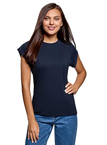 oodji Ultra Mujer Camiseta de Algodón Básica con Borde No Elaborado, Azul, ES 40 / M