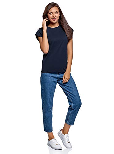 oodji Ultra Mujer Camiseta de Algodón Básica con Borde No Elaborado, Azul, ES 40 / M
