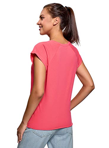oodji Ultra Mujer Camiseta de Algodón Básica con Borde No Elaborado, Rosa, ES 38 / S