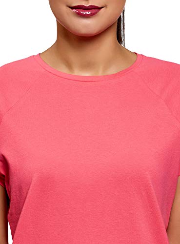 oodji Ultra Mujer Camiseta de Algodón Básica con Borde No Elaborado, Rosa, ES 38 / S
