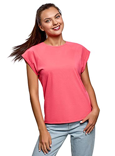 oodji Ultra Mujer Camiseta de Algodón Básica con Borde No Elaborado, Rosa, ES 38 / S