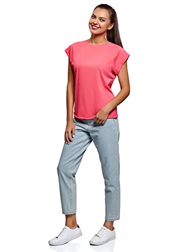 oodji Ultra Mujer Camiseta de Algodón Básica con Borde No Elaborado, Rosa, ES 38 / S