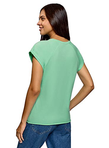 oodji Ultra Mujer Camiseta de Algodón Básica, Verde, ES 42 / L