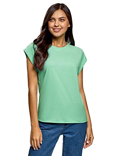 oodji Ultra Mujer Camiseta de Algodón Básica, Verde, ES 42 / L