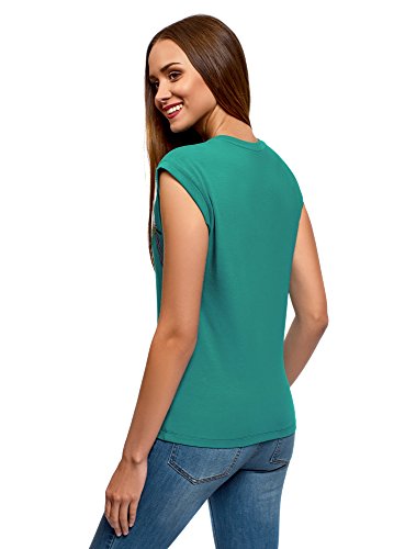 oodji Ultra Mujer Camiseta de Algodón con Bordado, Verde, ES 40 / M