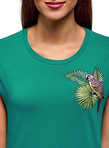 oodji Ultra Mujer Camiseta de Algodón con Bordado, Verde, ES 40 / M