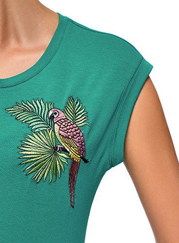 oodji Ultra Mujer Camiseta de Algodón con Bordado, Verde, ES 40 / M