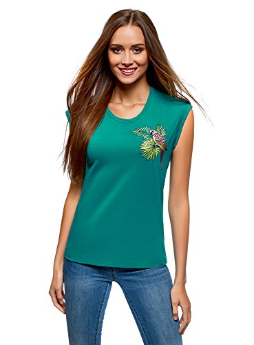oodji Ultra Mujer Camiseta de Algodón con Bordado, Verde, ES 40 / M