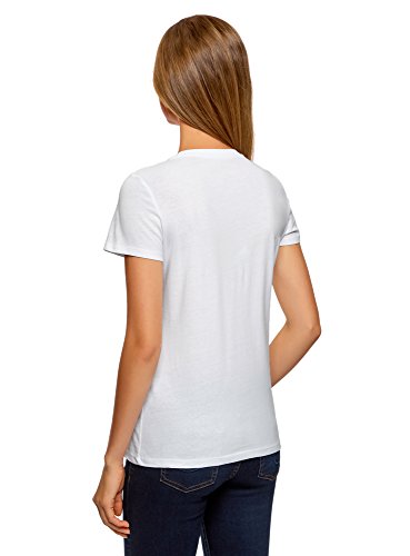 oodji Ultra Mujer Camiseta de Algodón con Cuello Redondo, Blanco, ES 38 / S