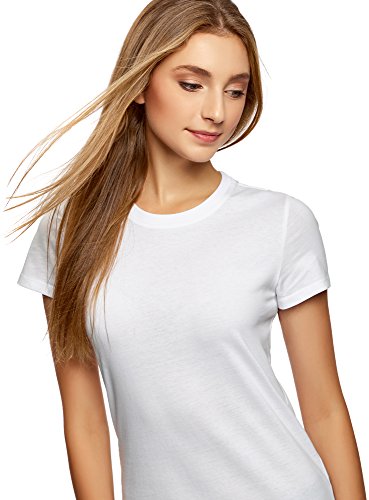 oodji Ultra Mujer Camiseta de Algodón con Cuello Redondo, Blanco, ES 38 / S