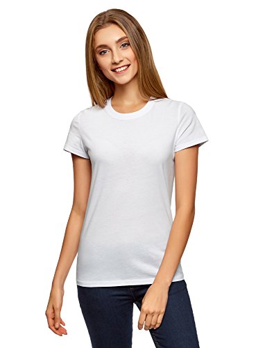 oodji Ultra Mujer Camiseta de Algodón con Cuello Redondo, Blanco, ES 38 / S