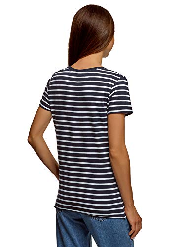 oodji Ultra Mujer Camiseta de Algodón con Inscripción y Borde Inferior No Elaborado, Azul, ES 40 / M