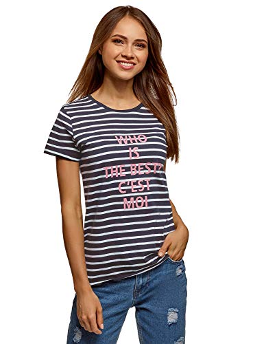 oodji Ultra Mujer Camiseta de Algodón con Inscripción y Borde Inferior No Elaborado, Azul, ES 40 / M