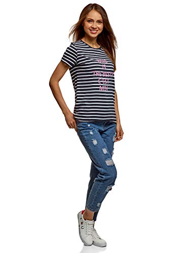 oodji Ultra Mujer Camiseta de Algodón con Inscripción y Borde Inferior No Elaborado, Azul, ES 40 / M