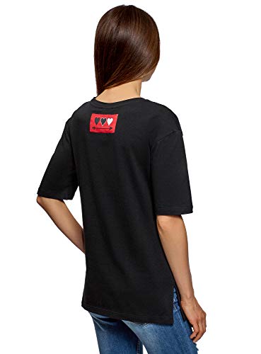 oodji Ultra Mujer Camiseta Holgada con Estampado, Negro, ES 40 / M
