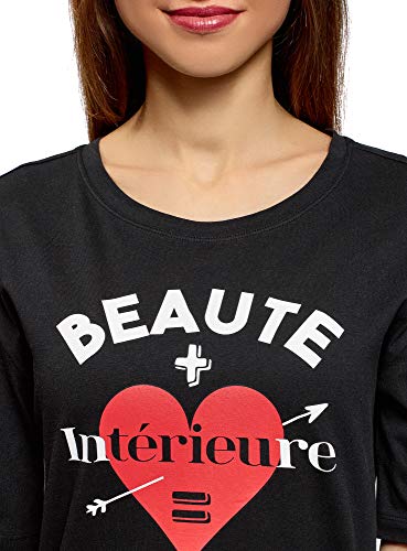 oodji Ultra Mujer Camiseta Holgada con Estampado, Negro, ES 40 / M