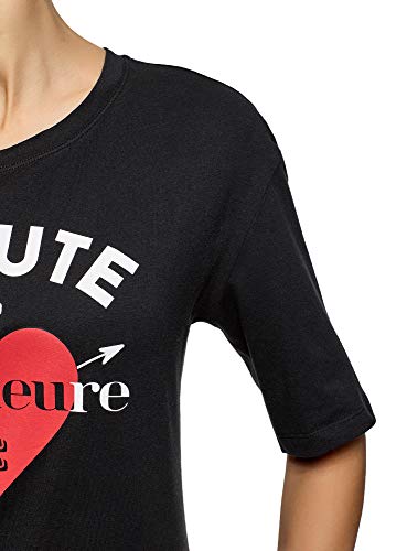 oodji Ultra Mujer Camiseta Holgada con Estampado, Negro, ES 40 / M