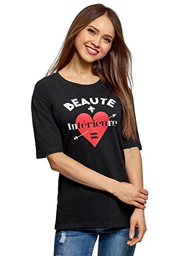 oodji Ultra Mujer Camiseta Holgada con Estampado, Negro, ES 40 / M