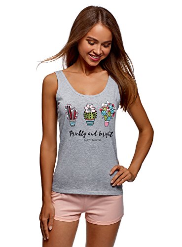 oodji Ultra Mujer Pijama de Algodón con Estampado, Gris, ES 36 / XS