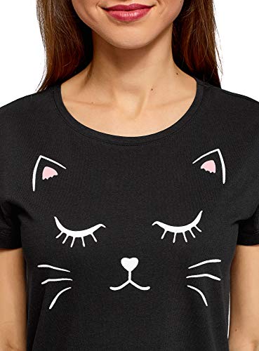 oodji Ultra Mujer Pijama de Algodón con Estampado, Negro, ES 36 / XS