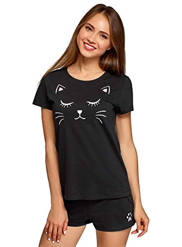 oodji Ultra Mujer Pijama de Algodón con Estampado, Negro, ES 36 / XS