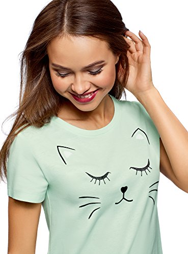 oodji Ultra Mujer Pijama de Algodón con Estampado, Verde, ES 38 / S