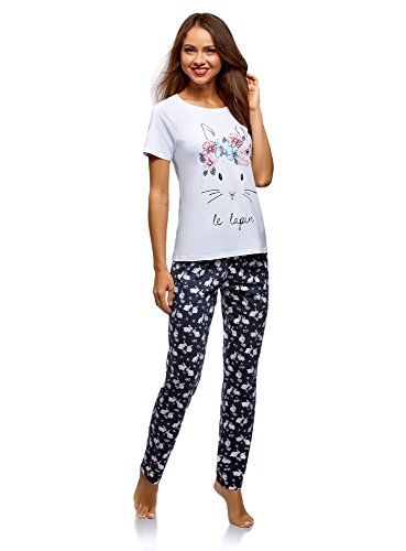 oodji Ultra Mujer Pijama de Algodón con Pantalones, Blanco, ES 40 / M