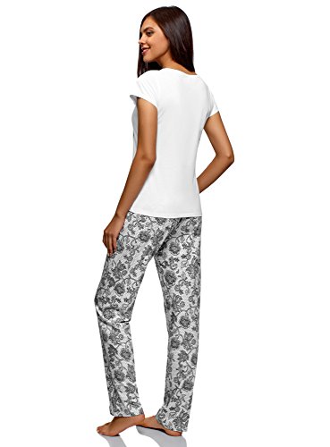 oodji Ultra Mujer Pijama de Algodón con Pantalones, Blanco, ES 42 / L