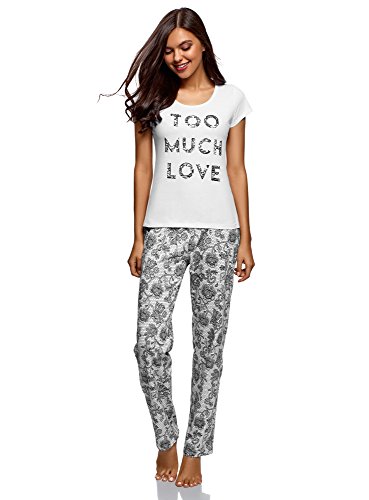 oodji Ultra Mujer Pijama de Algodón con Pantalones, Blanco, ES 42 / L