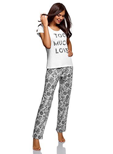 oodji Ultra Mujer Pijama de Algodón con Pantalones, Blanco, ES 42 / L
