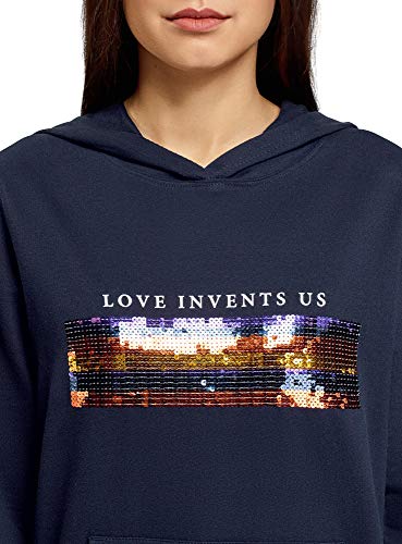 oodji Ultra Mujer Sudadera de Algodón con Capucha y Bolsillo de Canguro, Azul, ES 36 / XS